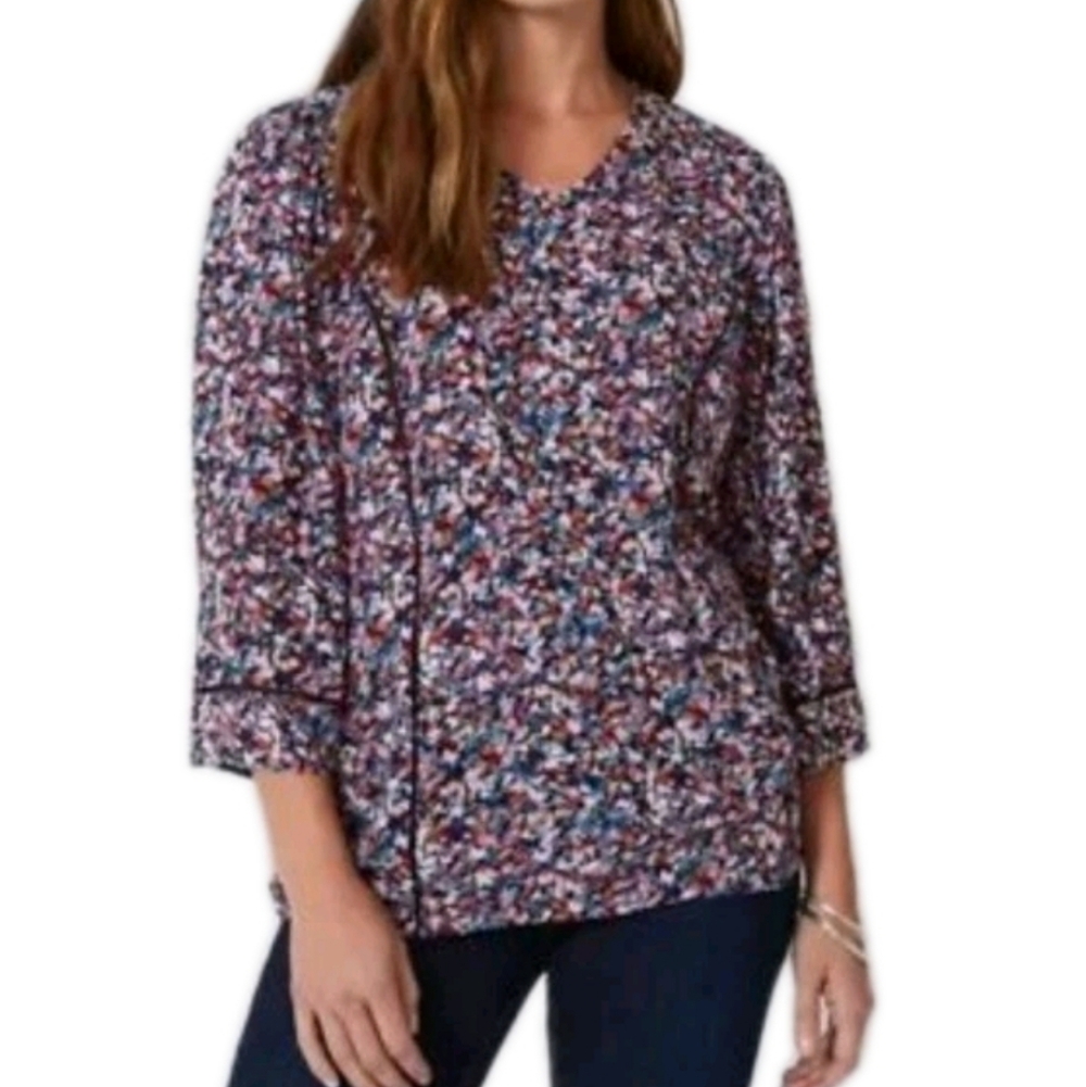J. Jill V-Neck Multicolor Floral Feminine Flowy 3/4 Flutter Sleeve Top Size XS